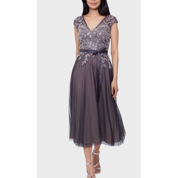 New Xscape Women's Size 10 Dina Mesh Embroidered Tulle Dress with belt - Picture 1 of 13